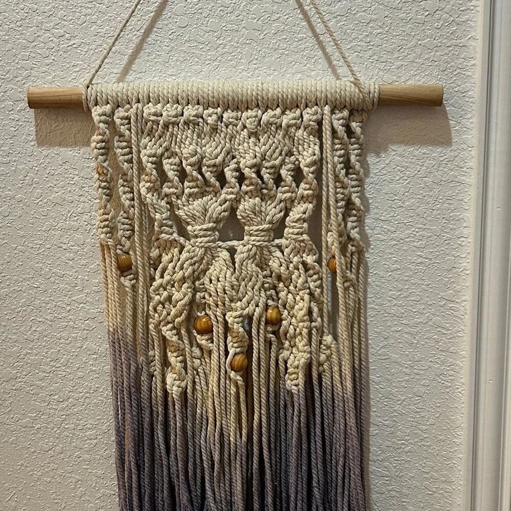 Purple Cream Ombre Wall Art Hanging Macrame Wood Beads Bohemian Woven